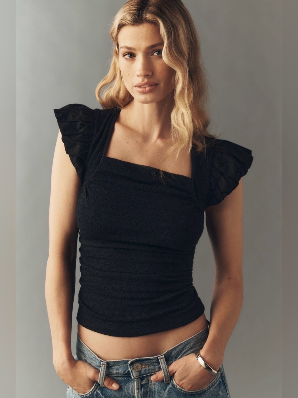 Anthropologie Maeve Flutter-Sleeve Square-Neck Top
